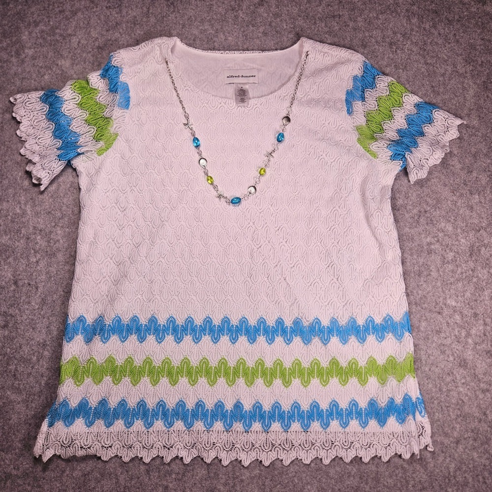 Alfred Dunner Womens Lace Top Zig Zag Scalloped Coastal Chevron Textured Sz M